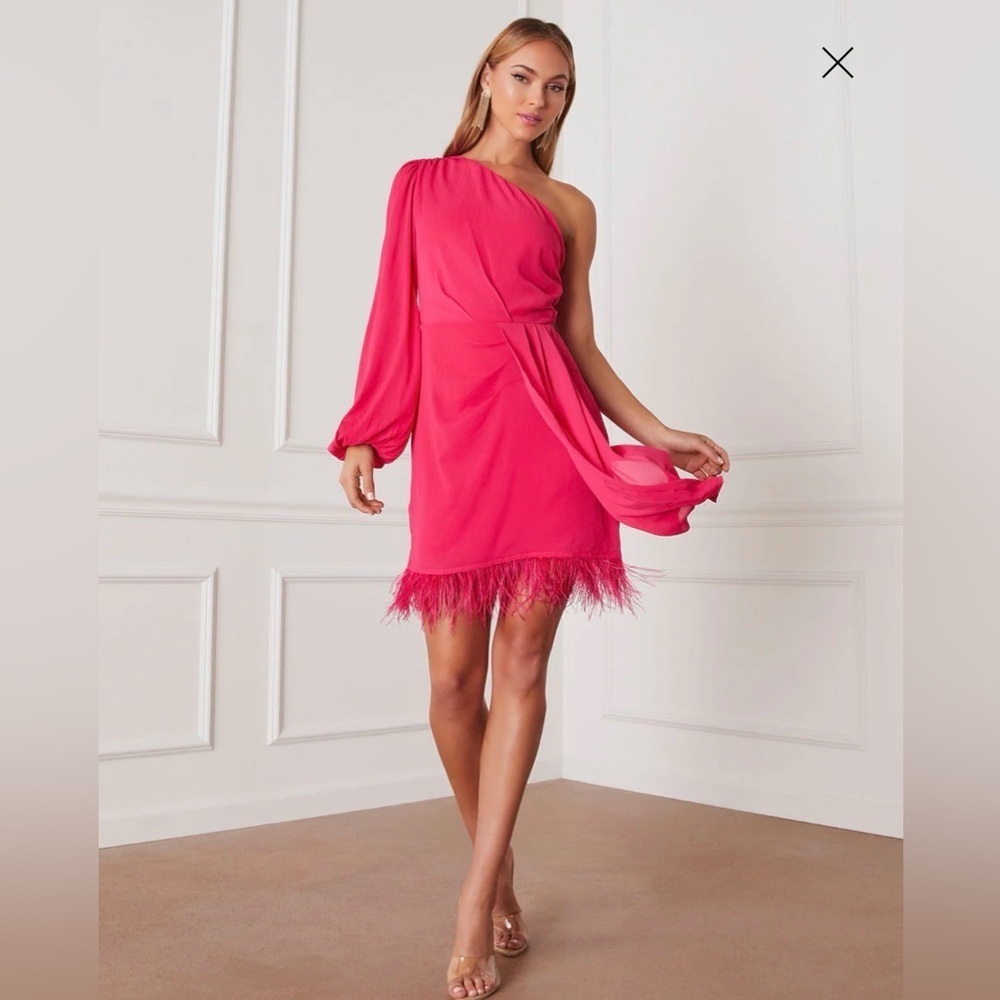Vici Las Vegas One Shoulder Fringe Trim Pink Mini Dress XL - Picture 4 of 12